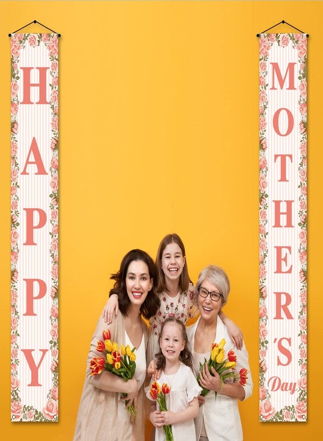 Pudodo Happy Mother's Day Porch Banner I Love Mom Pink Rose Floral Holiday Party Front Door Sign Wall Hanging Banner Decoration - Image 2