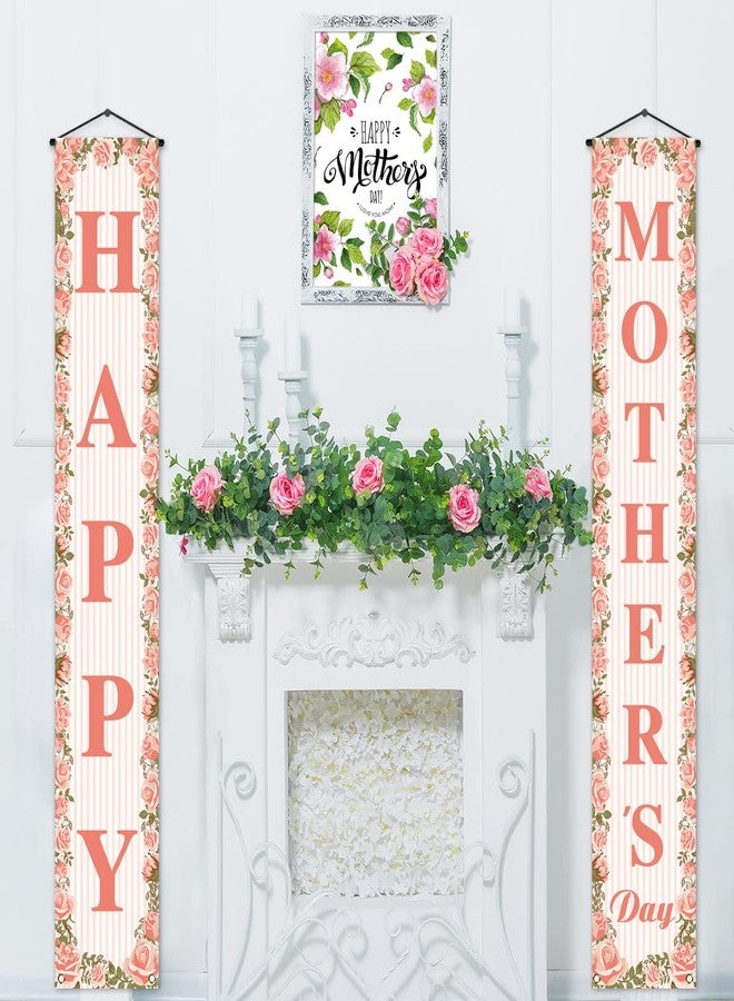 Pudodo Happy Mother's Day Porch Banner I Love Mom Pink Rose Floral Holiday Party Front Door Sign Wall Hanging Banner Decoration - Image 4