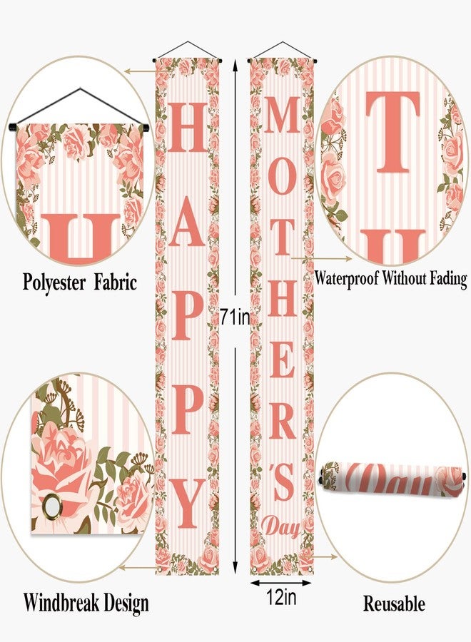 Pudodo Happy Mother's Day Porch Banner I Love Mom Pink Rose Floral Holiday Party Front Door Sign Wall Hanging Banner Decoration - Image 5