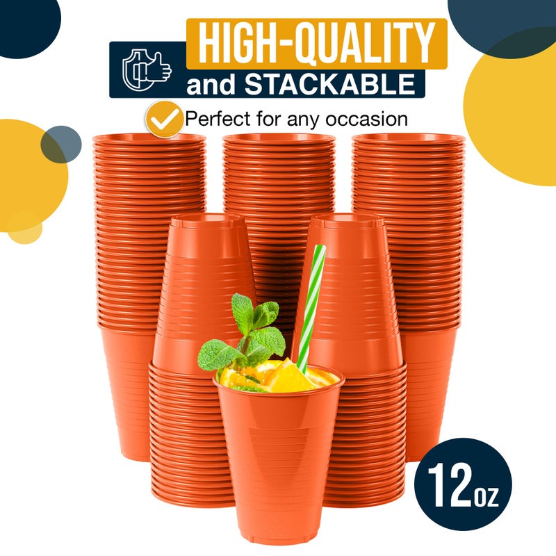 Exquisite 12 oz Orange Plastic Cups For Party 50 Pack | Orange Disposable Cups | Orange Party Cups Disposable | Plastic Party Cups Orange | 12 oz Plastic Cups Disposable | Plastic Drinking Cups - Image 3