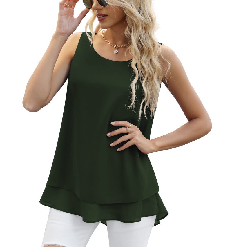 Jouica Chiffon Tank Tops for Women Summer Round Neck Sleeveless Business Casual Blouses,Amy Green,X-Large - Image 1