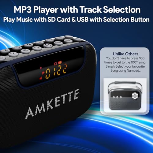 Amkette Pocket Blast 5 in 1 FM Radio with Bluetooth, Powerful Sound, Voice & FM Recording, External Antenna, 7+ Hours Playback, MP3 Player with Number Pad (AUX, SD Card, USB Input) (Blue) - Image 5