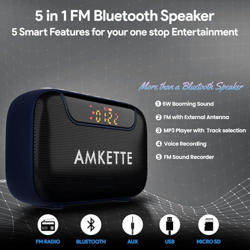 Amkette Pocket Blast 5 in 1 FM Radio with Bluetooth, Powerful Sound, Voice & FM Recording, External Antenna, 7+ Hours Playback, MP3 Player with Number Pad (AUX, SD Card, USB Input) (Blue) - Image 2