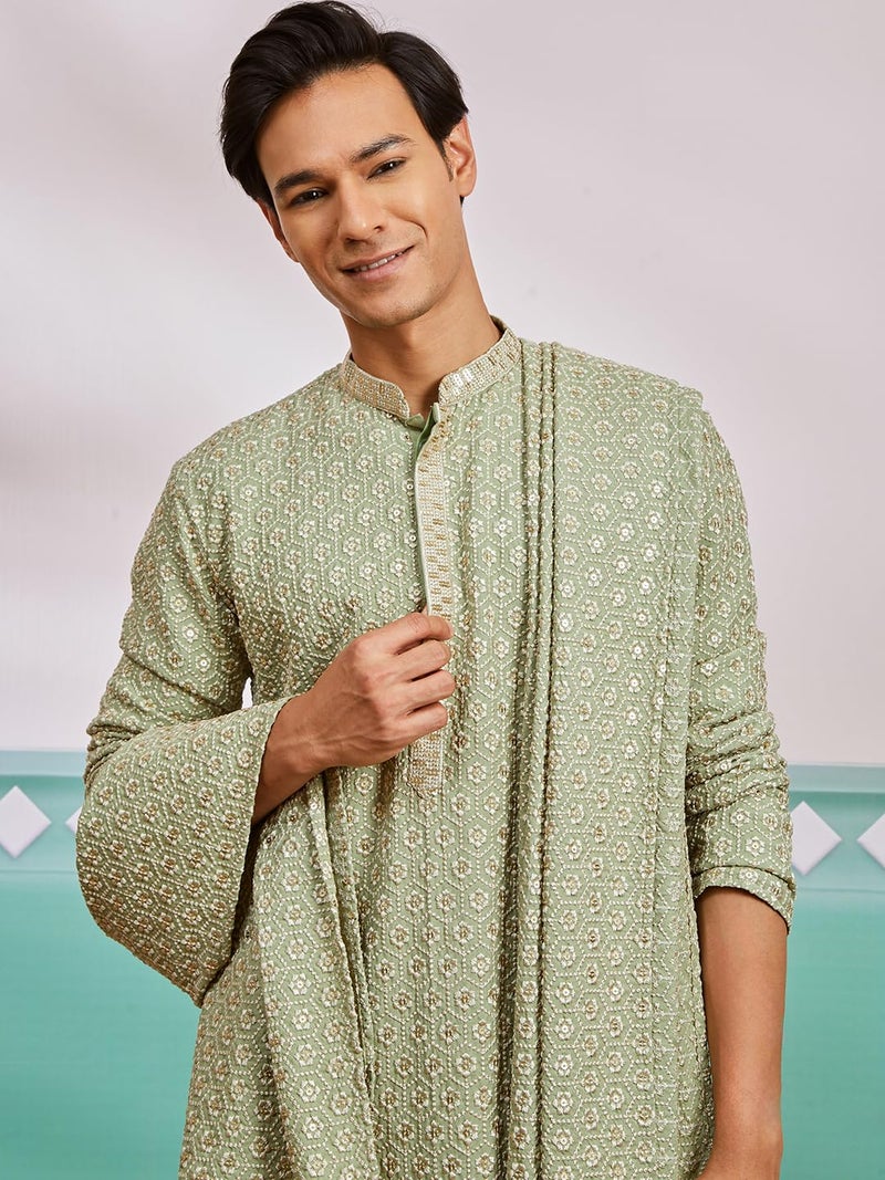 VASTRAMAY Men's Pista Green Rayon Kurta, Pyjama And Dupatta Set (VASMK633PSnPANT536CRnD633PS_36) - Image 3