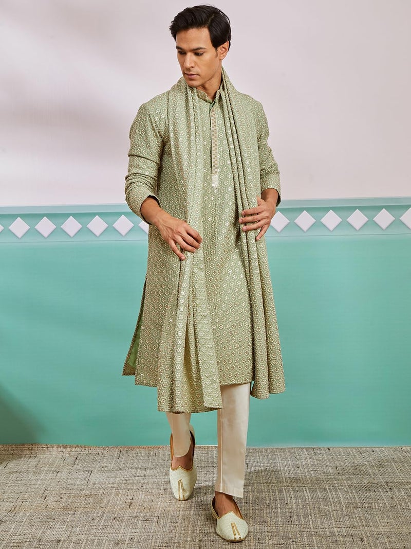 VASTRAMAY Men's Pista Green Rayon Kurta, Pyjama And Dupatta Set (VASMK633PSnPANT536CRnD633PS_36) - Image 2