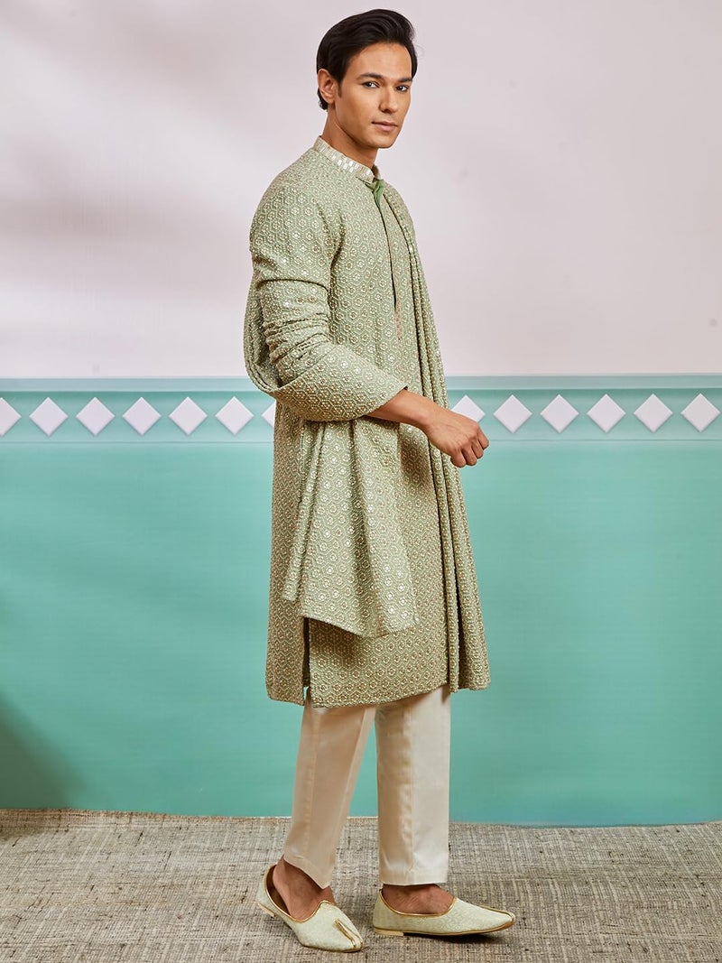 VASTRAMAY Men's Pista Green Rayon Kurta, Pyjama And Dupatta Set (VASMK633PSnPANT536CRnD633PS_36) - Image 4