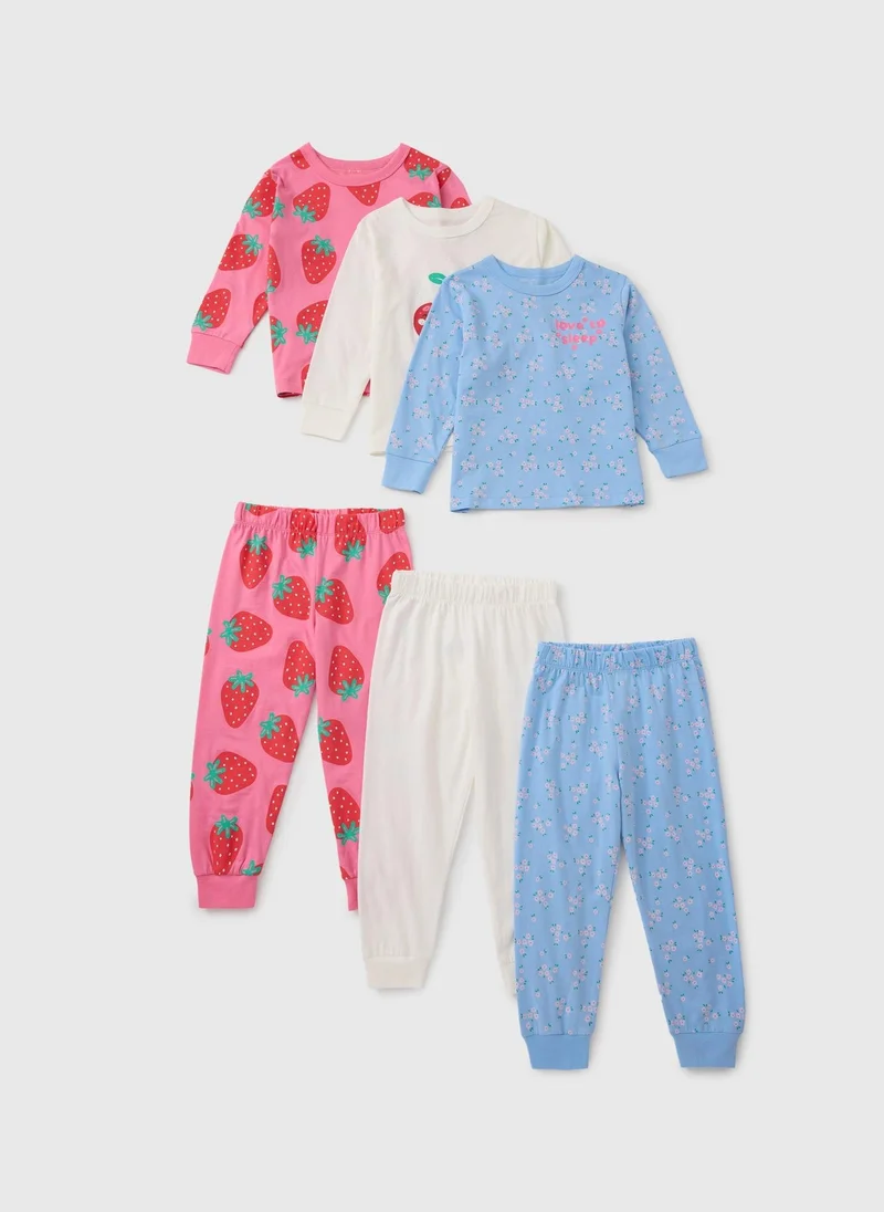 Matalan 3 Pack Girls Pink Fruit Long Pyjama Set