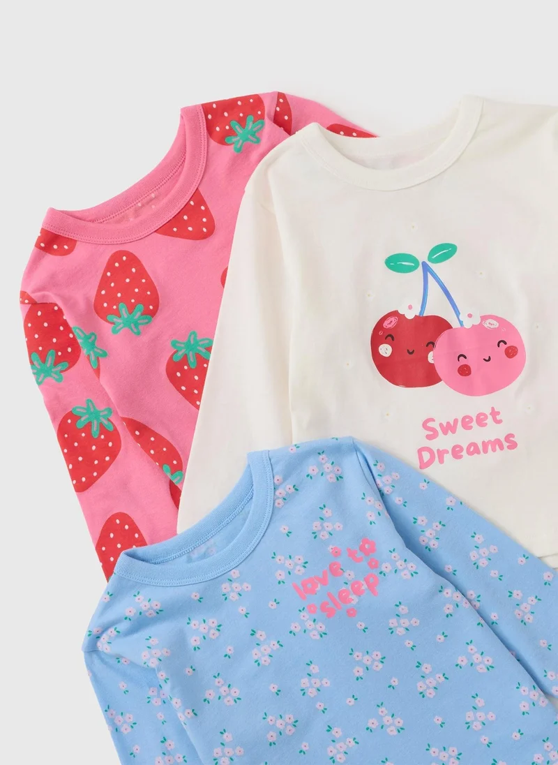 Matalan 3 Pack Girls Pink Fruit Long Pyjama Set