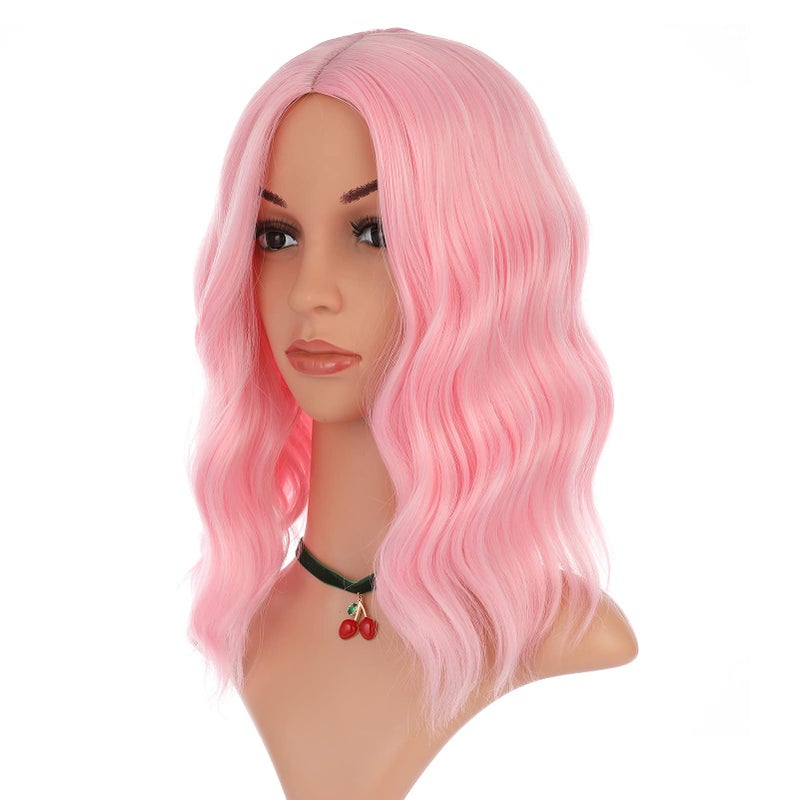 eNilecor Pink Bob Wig Light Pink 14 Inch Synthetic Wig  Short Curly Wavy Natural Heat Resistant