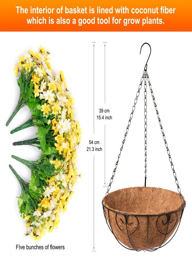 Ammyoo Artificial Hanging Flowers with Basket for Spring Outdoor Decor, Fake Mums Hanging Plant, Faux Daisy Flowers Uv Resistant for Patio Garden Porch Deck Indoor Decoration(Yellow White) - Image 5
