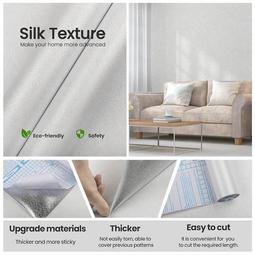 Abyssaly White Textured Wallpaper Peel and Stick - Removable Silk Embossed Vinyl Wrap Paper for Cabinet - New Environmentally Friendly Upgrade Wall Paper for Cabinets, Shelves, Backsplash 15.7 X 118 Inch - Image 2