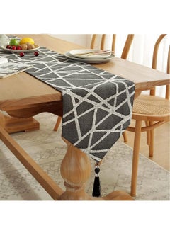 Black and Grey Linen Table Runner with Tassels, Modern 180cm Long Runner for Coffee Table, Contemporary Holiday Side Table Runner