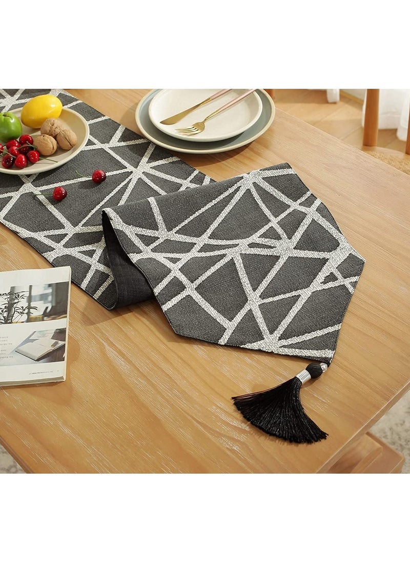 Generic - Black and Grey Linen Table Runner with Tassels, Modern 180cm Long Runner for Coffee Table, Contemporary Holiday Side Table Runner - Image 1