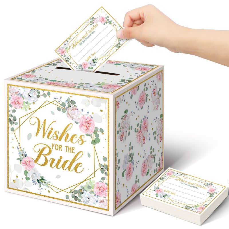 Geosar Geosar 51 Pieces Floral Bridal Advice Cards and Box Set Wedding Bridal Shower Advice Card Holder Box Advice and Wishes Cards Essential Wedding Decorations for Wedding Bridal Shower Activity