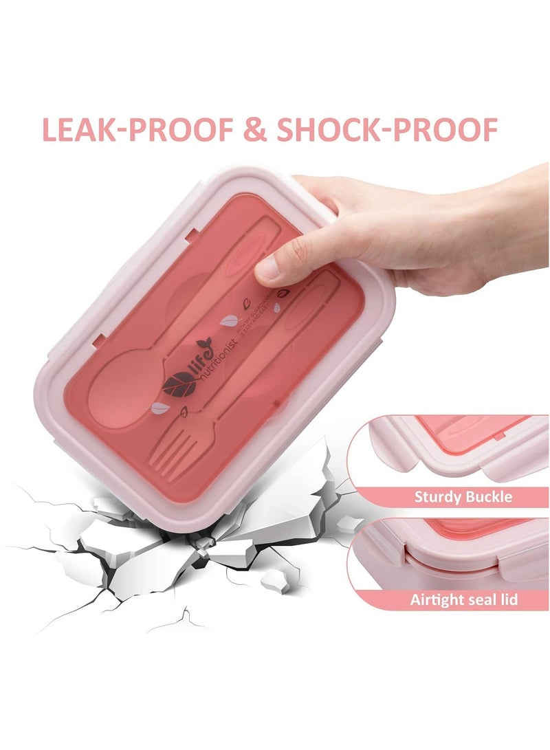 YumLock YumLock Bento Box, 1.4L Leakproof 3-Compartment Lunch Box for Kids and Adults with Spoon and Fork, Pink  - Image 5