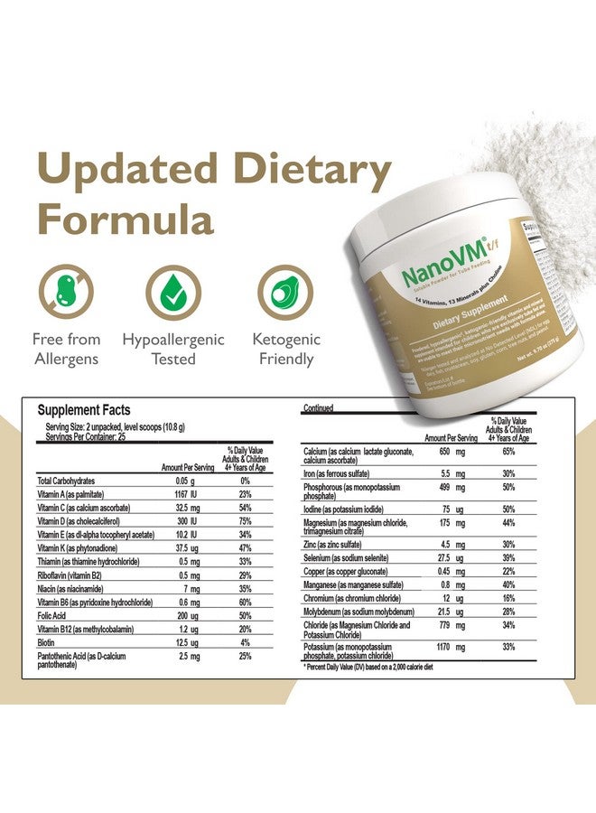 NanoVM t/f, Dietary Supplement for Tube Feeding, Allergen-Free Kids Multivitamin, Unflavored Vitamin Powder with 14 Vitamins & 13 Minerals, Low-Carb Kids Vitamins, 275g - Solace Nutrition - Image 2