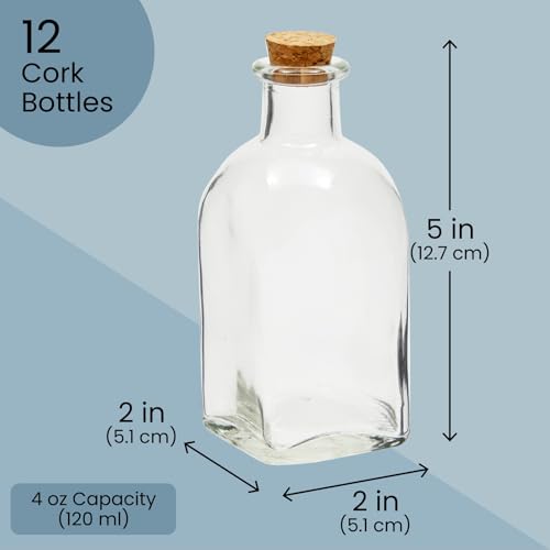 Juvale 12-Pack Mini Glass Bottles with Cork Lids - 4 oz Clear Vintage Square - Wedding Decor & Party Favors - Potion Bottles with Cork & Mini Glass Jars with Lids - Image 3