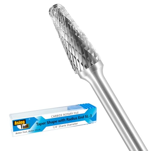 Asieg Tool SL-3 Tungsten Carbide Burr Rotary File Taper Shape with Radius End Double Cut with 1/4" Shank for Die Grinder Drill Bit - Image 1