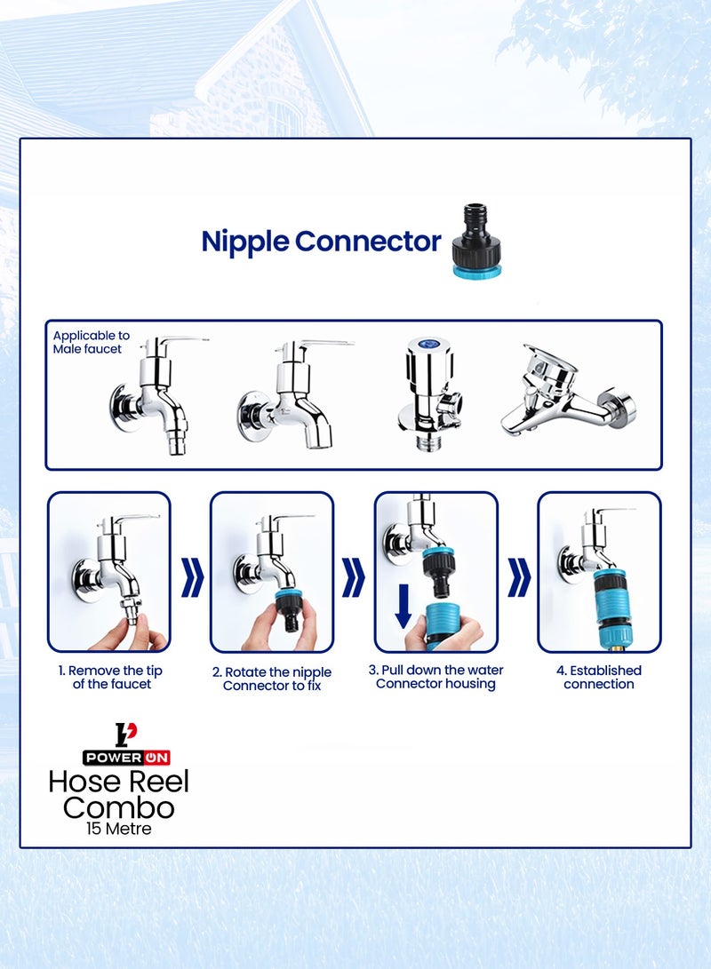 POWERON 15-Meter Garden Hose Reel Set – Includes Hose Reel, Connectors & Sprinkler | No-Kink, Durable, Lightweight & Leak-Proof | Handles 145 PSI & 50°C - Image 5