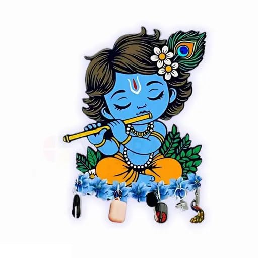 Bhikham Creation Key Holder for Home Decor Stylish - Wooden Key Holder for Home/Office Decor/Key Hanger for Wall Decor, Decorative Item for Home(10 Inch x 8 Inch) (Krishna Blue) - Image 1