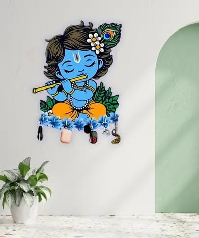 Bhikham Creation Key Holder for Home Decor Stylish - Wooden Key Holder for Home/Office Decor/Key Hanger for Wall Decor, Decorative Item for Home(10 Inch x 8 Inch) (Krishna Blue) - Image 2