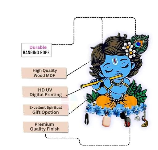 Bhikham Creation Key Holder for Home Decor Stylish - Wooden Key Holder for Home/Office Decor/Key Hanger for Wall Decor, Decorative Item for Home(10 Inch x 8 Inch) (Krishna Blue) - Image 3