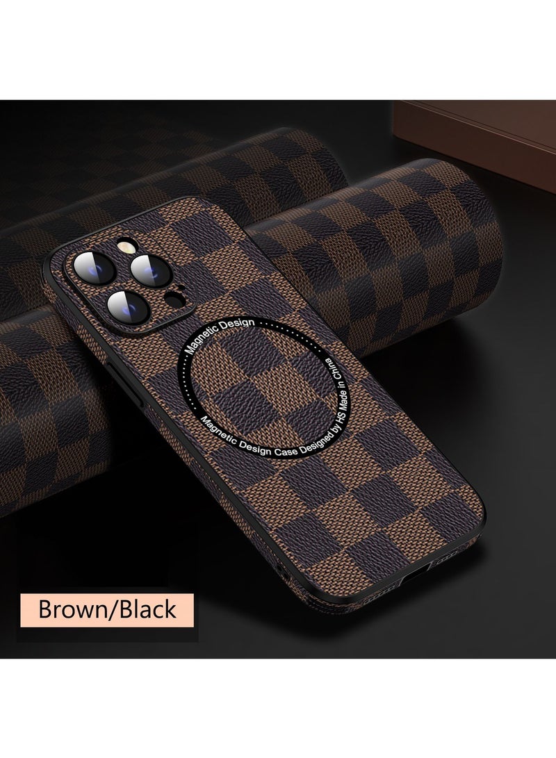 NIBEMINENT Compatible with iPhone 14 Pro Max Leather Case Ultra-thin Lattice Luxury Business Style Shockproof Protective Brown/Black - Image 1