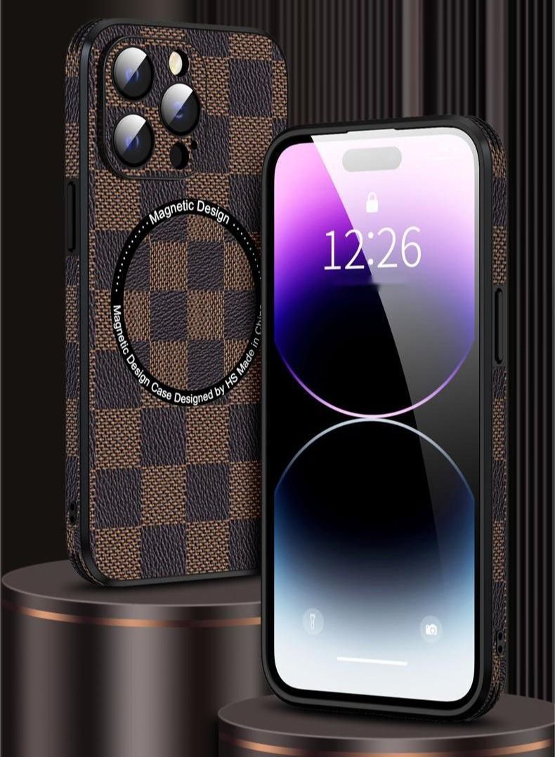 NIBEMINENT Compatible with iPhone 14 Pro Max Leather Case Ultra-thin Lattice Luxury Business Style Shockproof Protective Brown/Black - Image 2