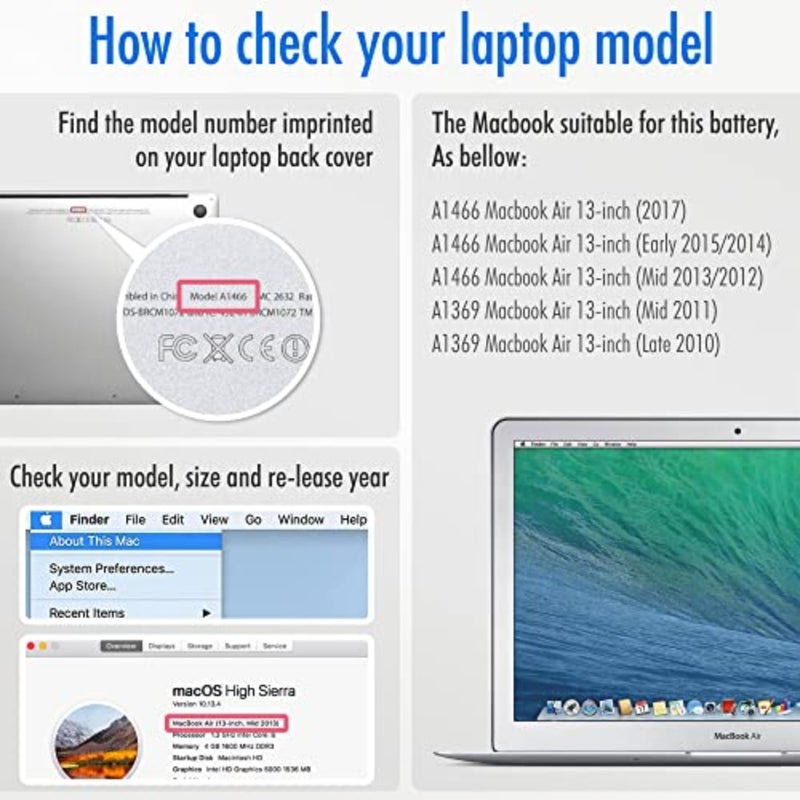 بطارية بديلة لجهاز MacBook Air مقاس 13 بوصة لموديلات 2010-2017 A1466/A1496/A1369/A1405/A1377: ليثيوم بوليمر عالي الأداء، أسود، 7200 مللي أمبير/55 وات في الساعة، 7.6 فولت - Image 2