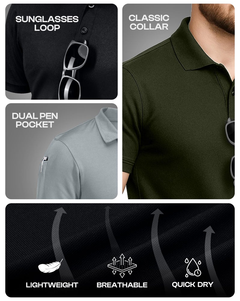 NY Threads 3 Pack Men's Polo Shirt Short Sleeves UPF 50+ Quick Dry Performance Tactical Pique Jersey Golf Shirt, Small, Black/Light Grey/Army Green - Image 4
