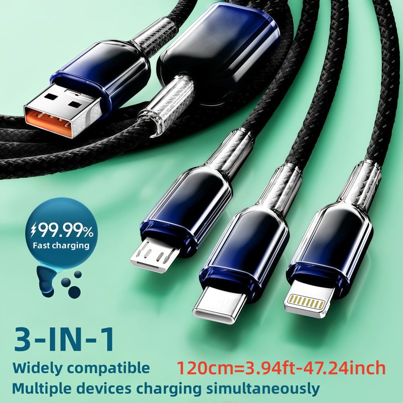 3in1 USB Cable 120cm Fast Charging Data Cord for iPhone Samsung Xiaomi Huawei Android - Image 1
