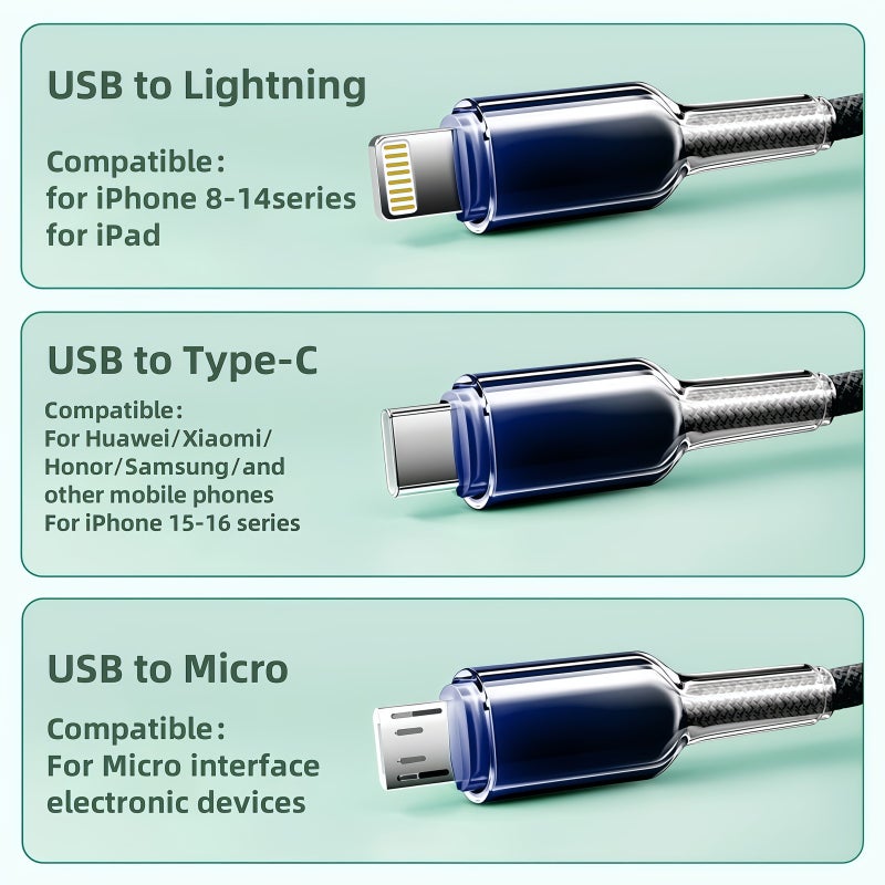 3in1 USB Cable 120cm Fast Charging Data Cord for iPhone Samsung Xiaomi Huawei Android - Image 2