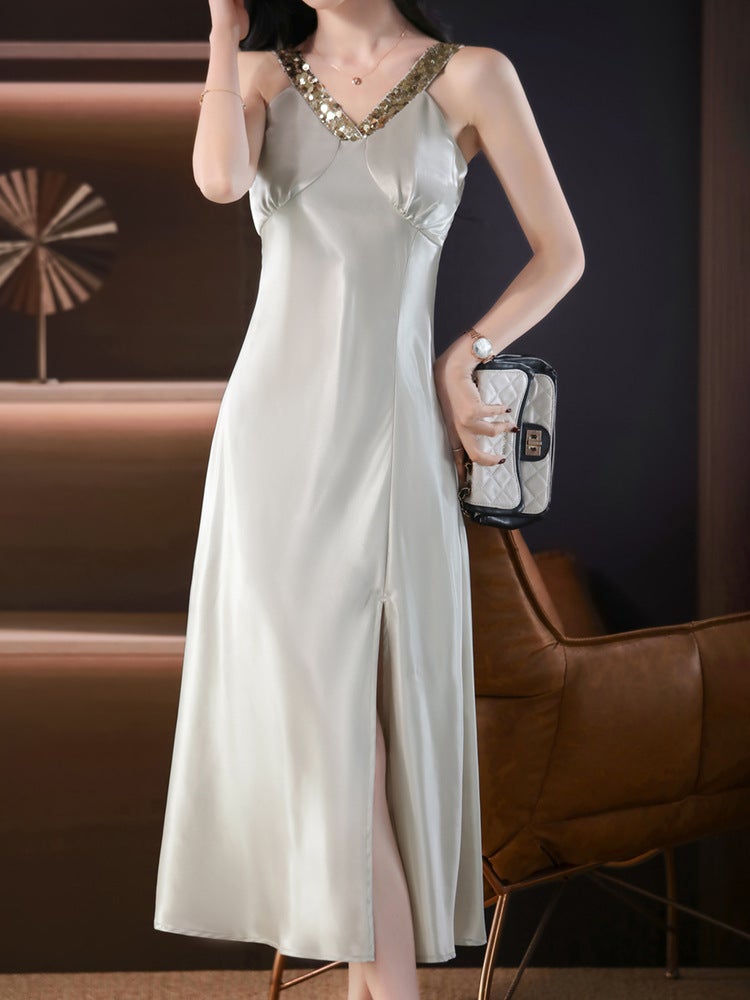2025 French-Style Women'S Heavy Sequin Design Draped Satin Slip Dress For Outerwear Or Layering - Image 1