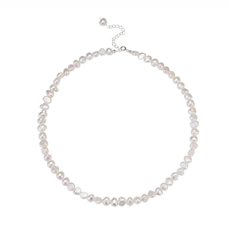 HENGSHENG Natural Pearls Choker Necklace for Women Freshwater Baroque Pearl Strand Necklace Chain Cultured Baroque Pearl 925 Sterling Silver Clasp Choker(White, 5-6mm, Silver Clasp) - Image 1