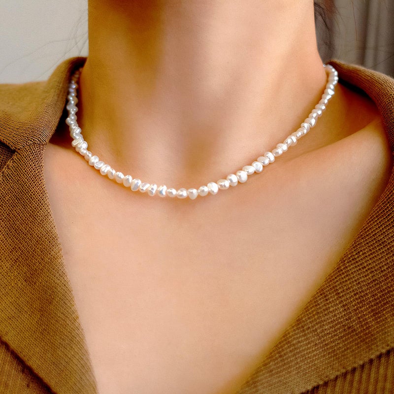 HENGSHENG Natural Pearls Choker Necklace for Women Freshwater Baroque Pearl Strand Necklace Chain Cultured Baroque Pearl 925 Sterling Silver Clasp Choker(White, 5-6mm, Silver Clasp) - Image 2
