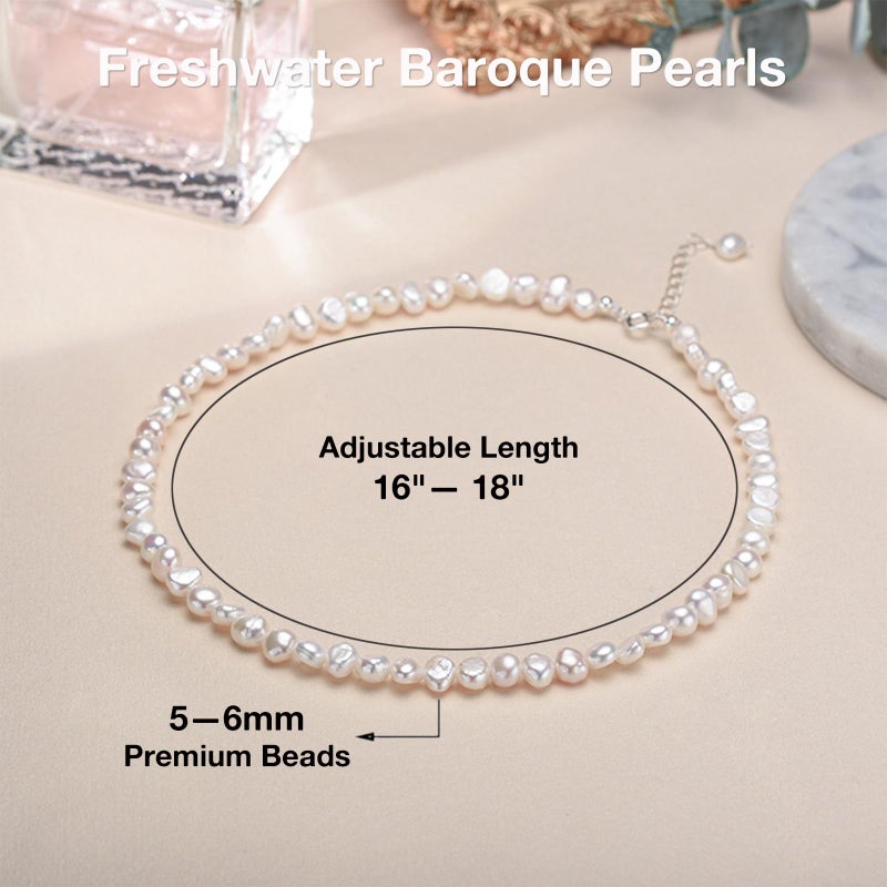 HENGSHENG Natural Pearls Choker Necklace for Women Freshwater Baroque Pearl Strand Necklace Chain Cultured Baroque Pearl 925 Sterling Silver Clasp Choker(White, 5-6mm, Silver Clasp) - Image 3