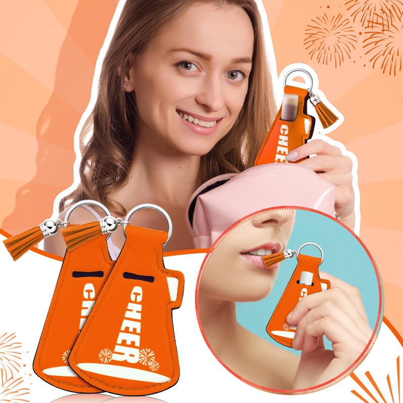 Swiffen 20 Pcs Cheer Gifts Bulk Cheerleader Team Gift Lip Balm Holder with Tassel Keychains Set for Valentines Team Gift(Orange) - Image 3