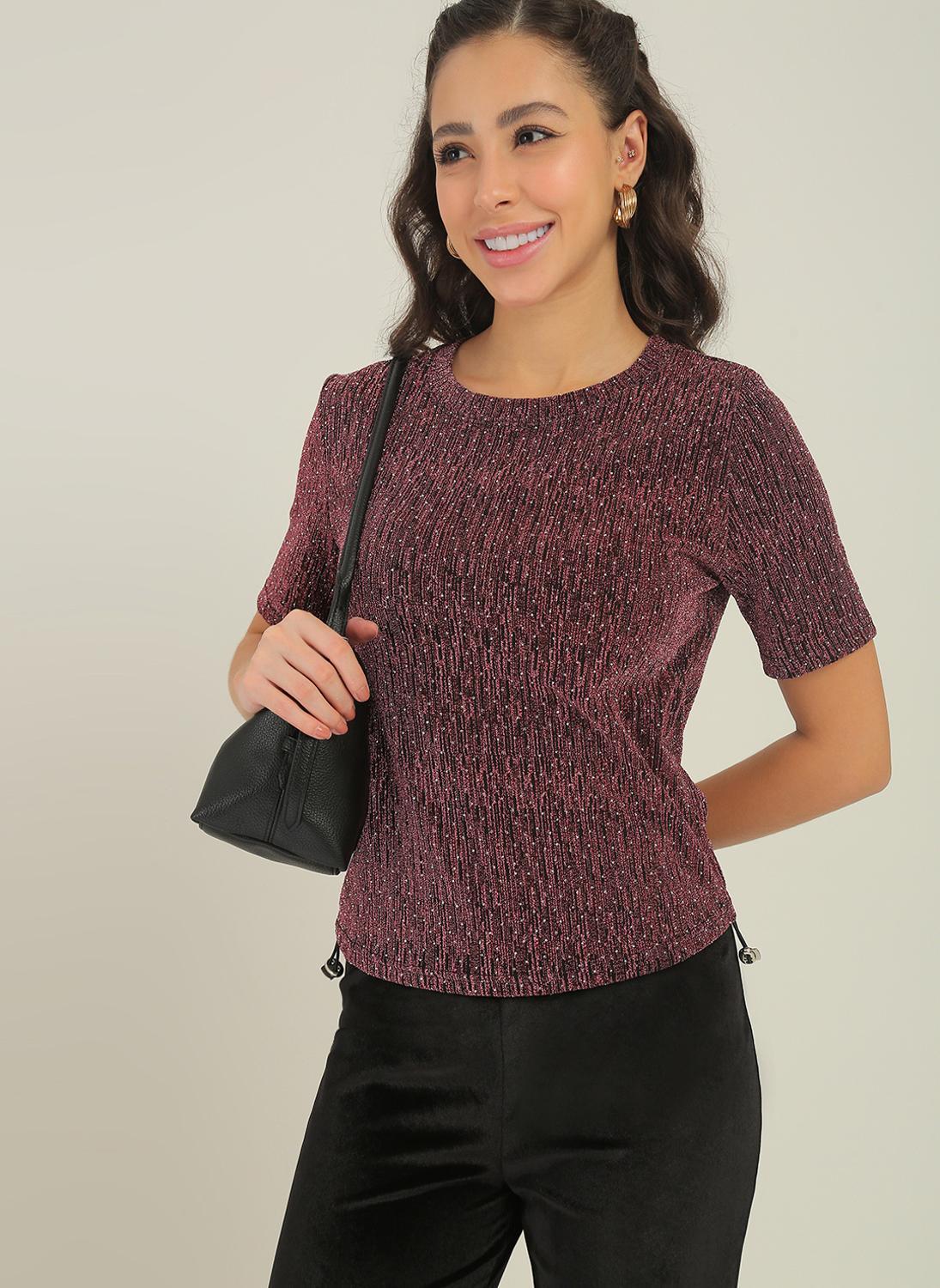 Globus Women's Pink Embellished Shimmer Party Top with Round Neck and Short Sleeves