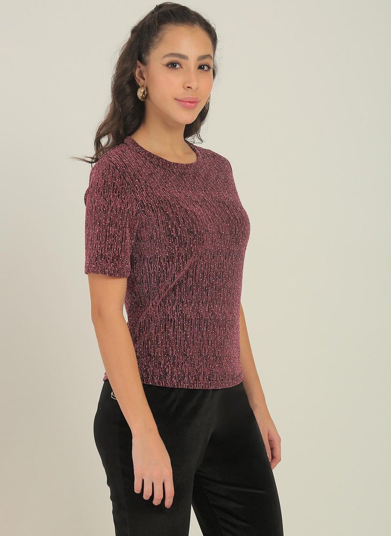 Globus Women's Pink Embellished Shimmer Party Top with Round Neck and Short Sleeves - Image 3