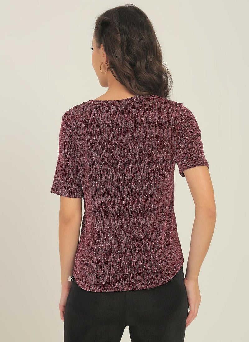 Globus Women's Pink Embellished Shimmer Party Top with Round Neck and Short Sleeves - Image 4