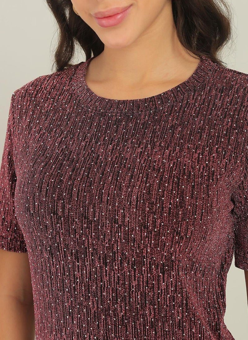 Globus Women's Pink Embellished Shimmer Party Top with Round Neck and Short Sleeves - Image 5