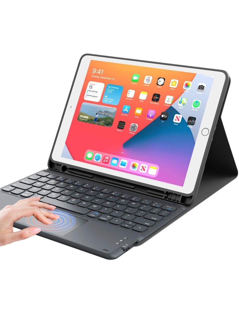 حافظة لوحة مفاتيح مع لوحة لمس لجهاز iPad 10.2 الجيل التاسع 2021/الجيل الثامن 2020/الجيل السابع 2019 حافظة لوحة مفاتيح لاسلكية قابلة للفصل مغناطيسيًا لجهاز iPad الجديد 10.2 مع لوحة تتبع مدمجة وحامل قلم (أسود) - Image 1