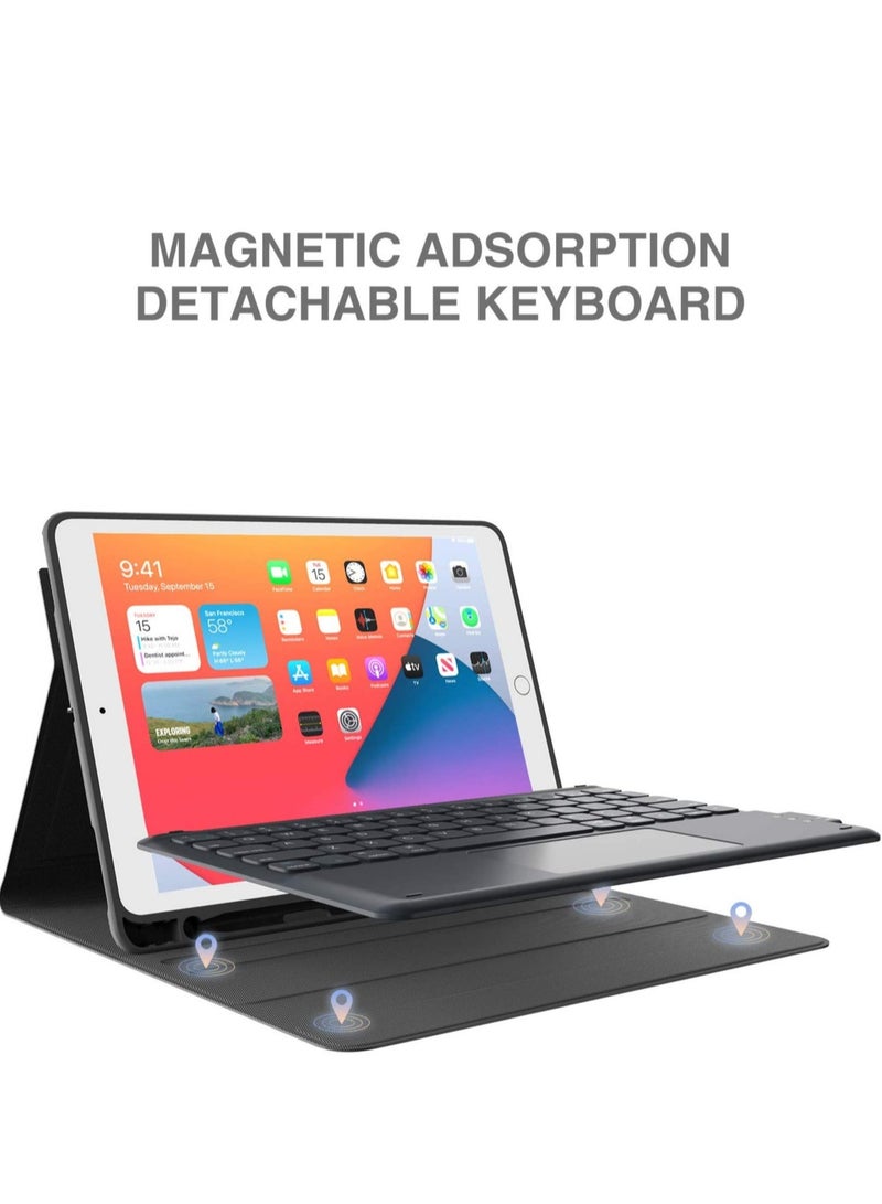 حافظة لوحة مفاتيح مع لوحة لمس لجهاز iPad 10.2 الجيل التاسع 2021/الجيل الثامن 2020/الجيل السابع 2019 حافظة لوحة مفاتيح لاسلكية قابلة للفصل مغناطيسيًا لجهاز iPad الجديد 10.2 مع لوحة تتبع مدمجة وحامل قلم (أسود) - Image 2