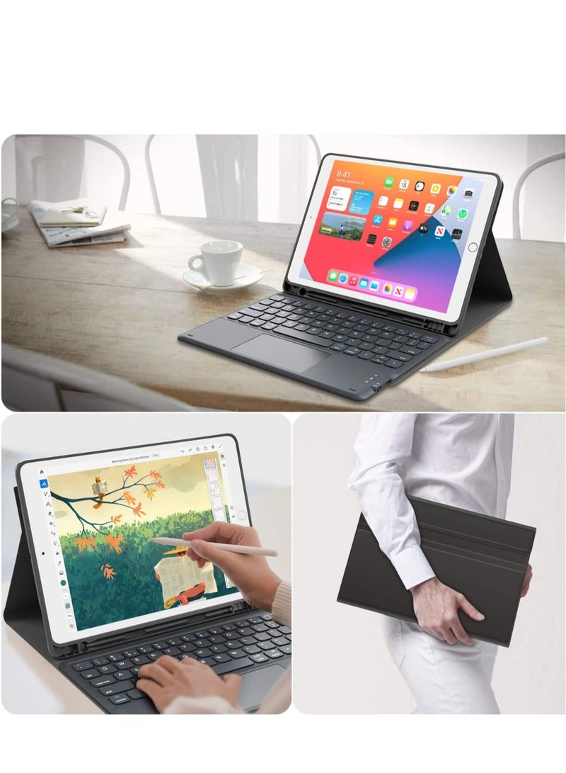 حافظة لوحة مفاتيح مع لوحة لمس لجهاز iPad 10.2 الجيل التاسع 2021/الجيل الثامن 2020/الجيل السابع 2019 حافظة لوحة مفاتيح لاسلكية قابلة للفصل مغناطيسيًا لجهاز iPad الجديد 10.2 مع لوحة تتبع مدمجة وحامل قلم (أسود) - Image 4