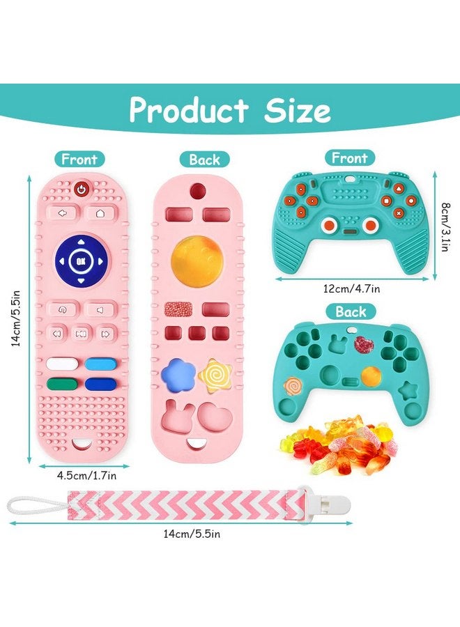 Aolso 2PCS Silicone Baby Teething Toys, Remote Control Shape Teething Toys and Game Controller Teether Toy with 2PCS Pacifier Clip, BPA Free Silicone Remote Teether for Baby 3+ Months,Frozen(Bule&Pink) - Image 2