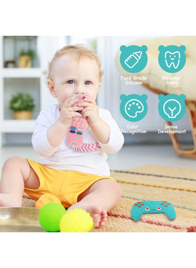 Aolso 2PCS Silicone Baby Teething Toys, Remote Control Shape Teething Toys and Game Controller Teether Toy with 2PCS Pacifier Clip, BPA Free Silicone Remote Teether for Baby 3+ Months,Frozen(Bule&Pink) - Image 4