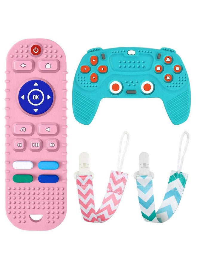 Aolso 2PCS Silicone Baby Teething Toys, Remote Control Shape Teething Toys and Game Controller Teether Toy with 2PCS Pacifier Clip, BPA Free Silicone Remote Teether for Baby 3+ Months,Frozen(Bule&Pink) - Image 1