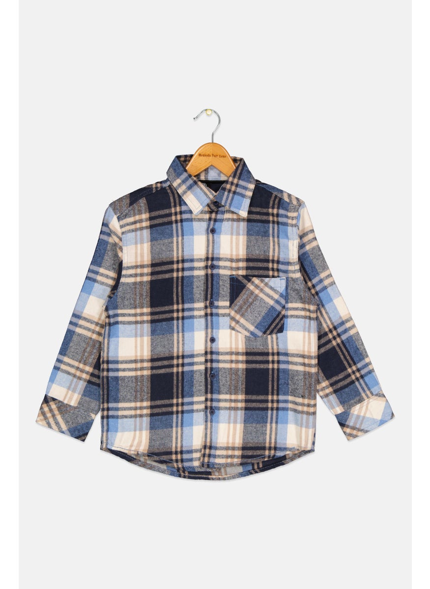 Burnside Kids Boy Spread Collar Long Sleeve Plaid Casual Shirt, Blue  - Image 1