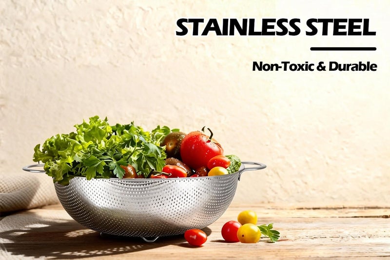 Leonyo Stainless Steel Colander Set for Kitchen, Micro-Perforated Metal Pasta Strainer with Handles, trainers and Colanders Set of 3(1-3-5Quart) for Draining, Rinsing, Steaming, Dishwasher Safe - Image 4