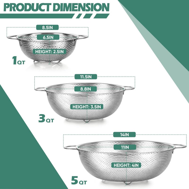 Leonyo Stainless Steel Colander Set for Kitchen, Micro-Perforated Metal Pasta Strainer with Handles, trainers and Colanders Set of 3(1-3-5Quart) for Draining, Rinsing, Steaming, Dishwasher Safe - Image 2